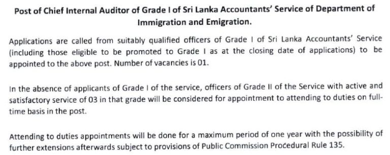 Post of Chief Internal Auditor of Grade I of Sri Lanka Accountants’ Service of Department of Immigration and Emigration