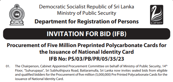 Procurement of Five Million Preprinted Polycarbonate Cards for the Issuance of National Identity Card